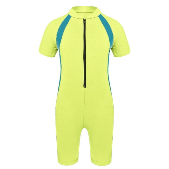 inhzoy Kids Girls Boys One Piece Zip-Up Swimsuit Jumpsuit Short Sleeve Rash Guard Wetsuit,Sizes 8-16 Fluorescent Yellow 6-8