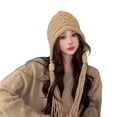thumbnail image 2 of dianhelloya Women Winter Hat Long Tassel Thickened Knitted Elastic Anti-slip Soft Ear Protection Solid Color Breathable Windproof Decorative Cap Beanie Khaki, 2 of 8