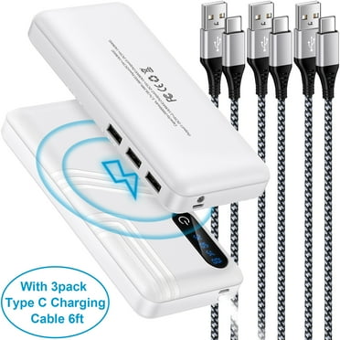 Portable Charger with Built in Cables,HopePow 20000mAh Power Banks for Cell Phones 3 USB 3 Inputs Type C Fast Charging Cable 6ft Portable Charger Power Bank Compatible with Samsung,Android,White
