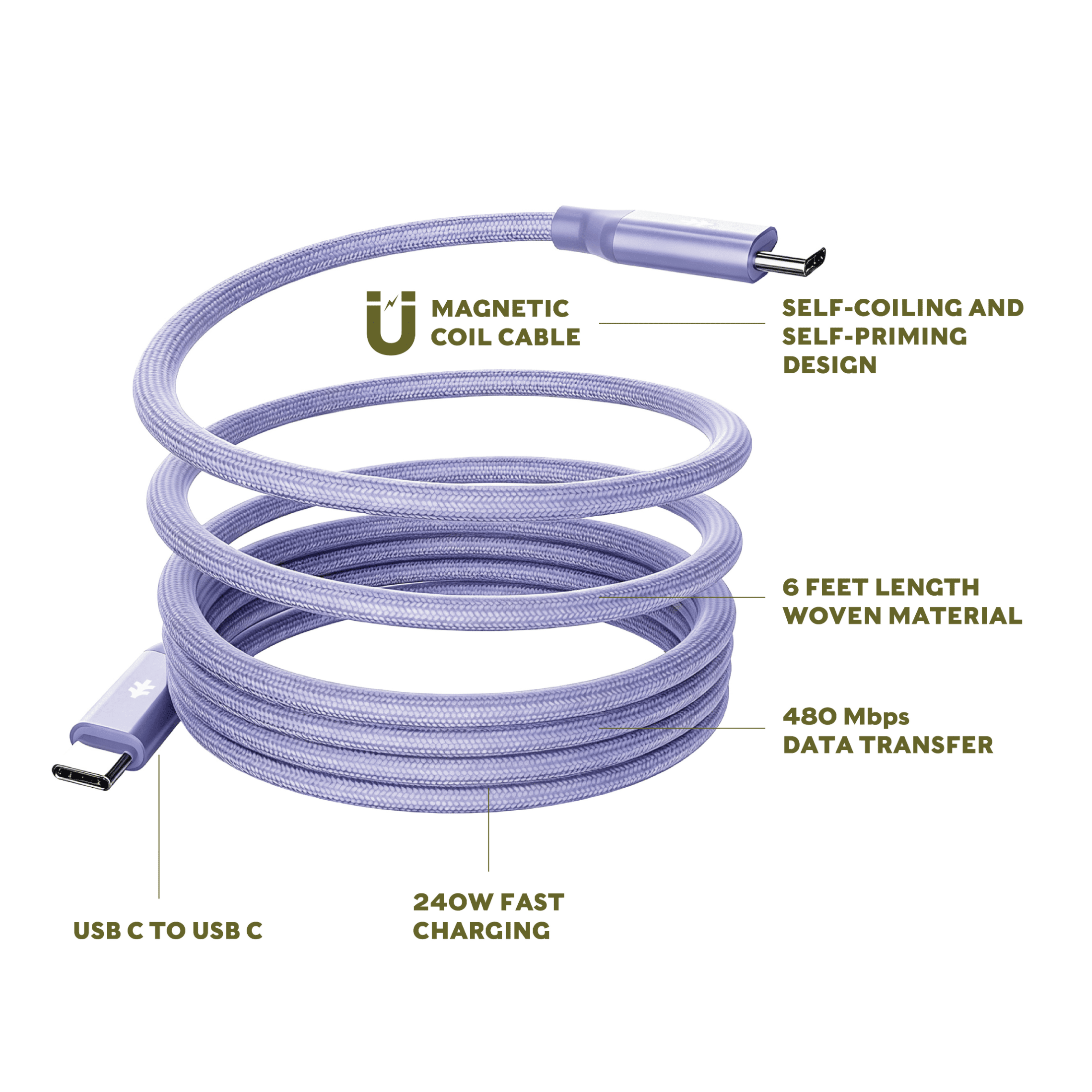 Swiss Tech Kabel M240 6 ft 240W Magnetic Self-Coiling USB-C Charging Cable, Myrtle Purple