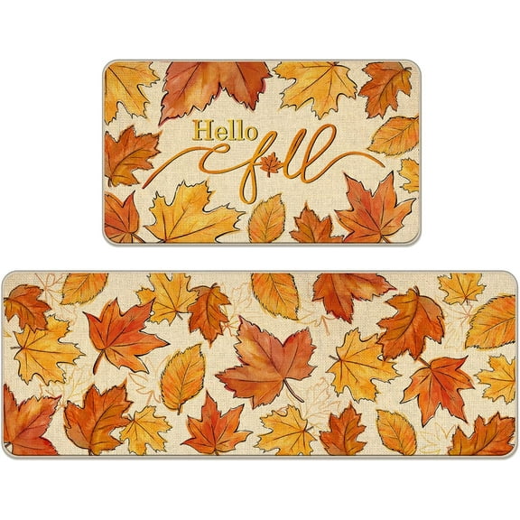 Hello Fall Maple Leaves Kitchen Rugs Set of 2, Autumn Leaf Farmhouse Kitchen Mats Seasonal Decor, Thanksgiving Rustic Floor Door Mat Home Decorations - 17x29 and 17x47 Inch
