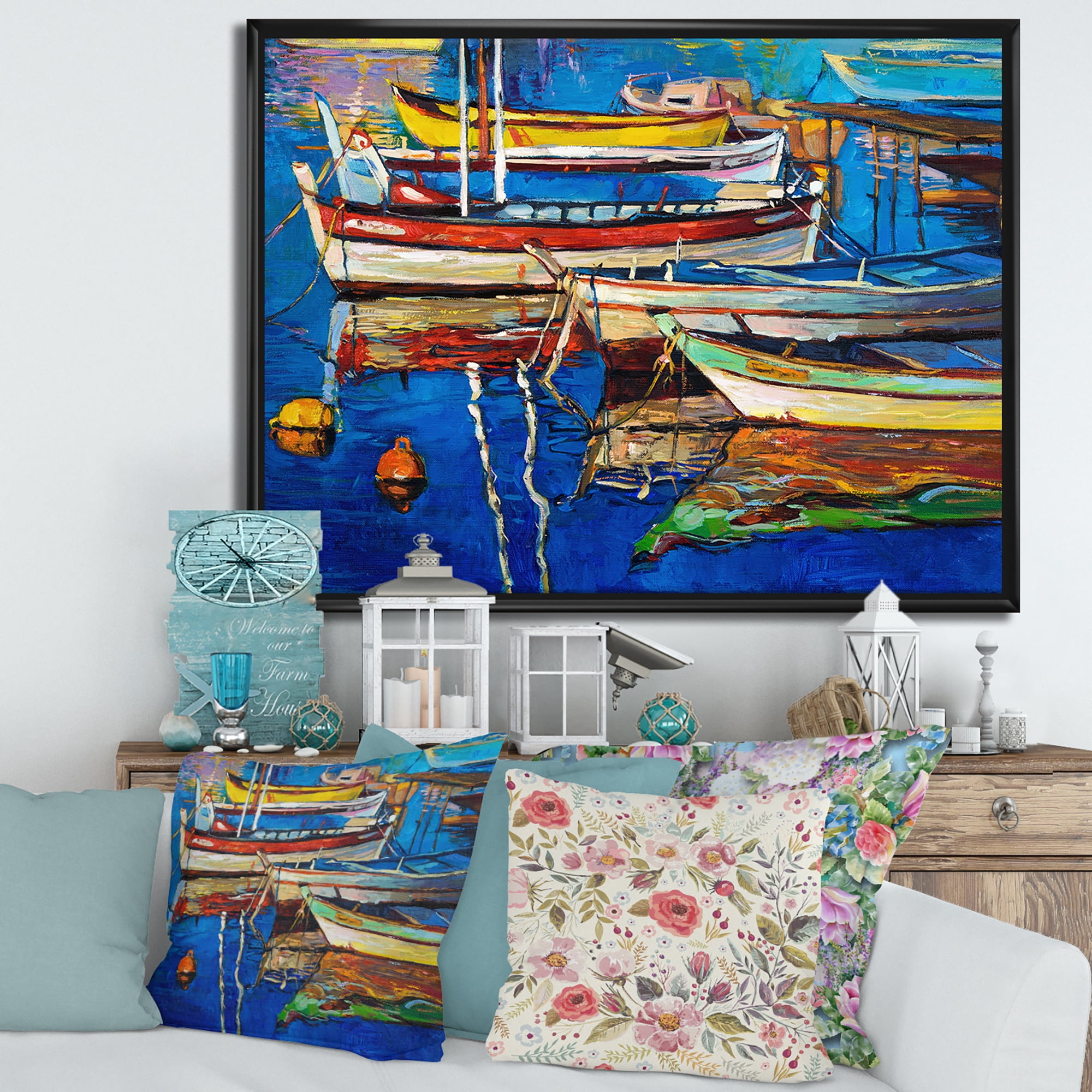 Designart 'Boats Near Coastal Town Resting On The Water II' Nautical & Coastal Framed Canvas Wall Art Print