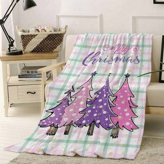Merry Christmas Throw Flannel Blanket 50x60In Purple Pink Xmas Tree Dot Snowflakes Plaid Super Soft Cozy Bed Blanket, Lightweight Plush Fuzzy Bed Throw for Bedroom Sofa Couch Living Room