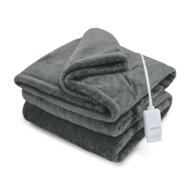 Folded gray Sunbeam electric heated throw blanket with plush texture and attached white controller featuring power button and auto shut-off.