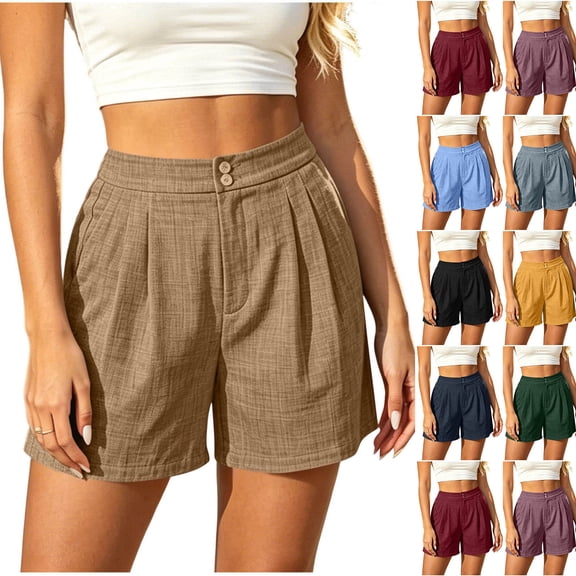 Zynoxe Womens Summer Solid Color Shorts Stylish Button Pleated Mid-Thigh Length Shorts Lightweight Comfort Elastic Waistband Wide Leg Shorts Relaxed Loose Fit Beach Shorts with Pockets S