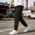 thumbnail image 4 of FRSASU Cargo Pants for Men Casual Cotton Drawstring Lightweight Relaxed Fit Hiking Work Pants Multi Pockets Green, 4 of 9