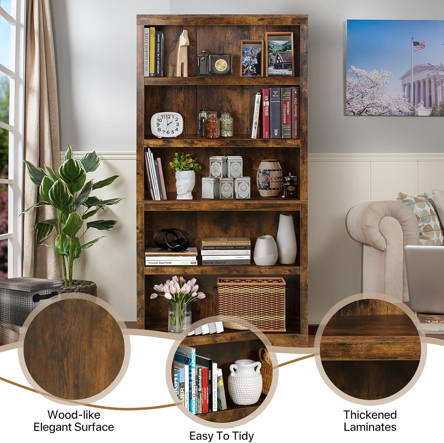 Dkelincs 5 Tier Wood Bookshelf 70" Tall Bookcase Storage Shelves Organizer for Living Room, Brown