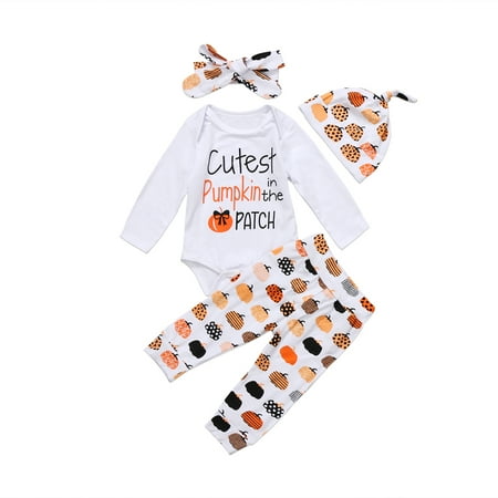 

Caitzr Newborn Baby Halloween Clothing Letter Print Romper Long Pants Pumpkin Hat Printed Headband