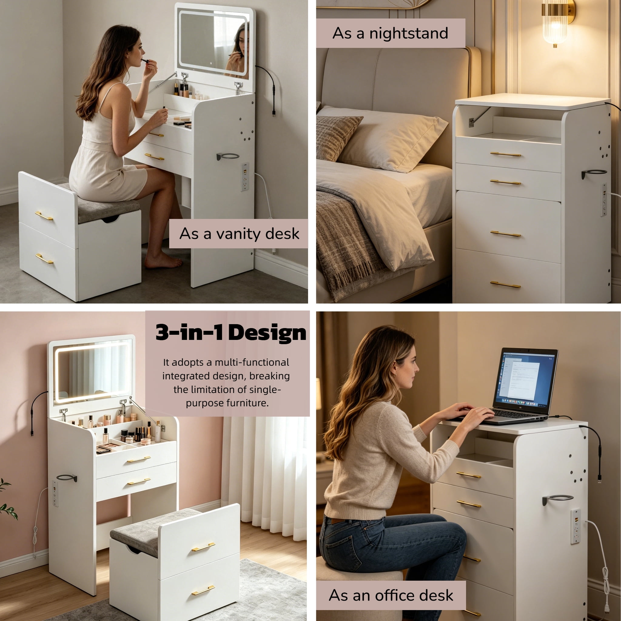 Mintazer 3‑in‑1 Vanity Desk with LED Lighted Flip Mirror, Multifunctional Makeup Dressing Table with Charging Station & Storage Stool for Small Bedroom, White