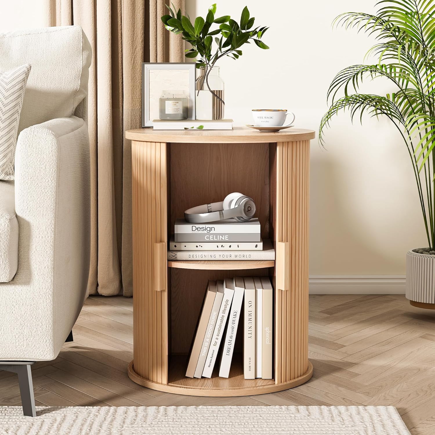 Round Fluted End Table Set of 2, NEORIVER Tall Side Table with Sliding Tambour Door and Adjustable Storage Shelf, Modern Bedside Table, Nightstand for Living Room, Bedroom