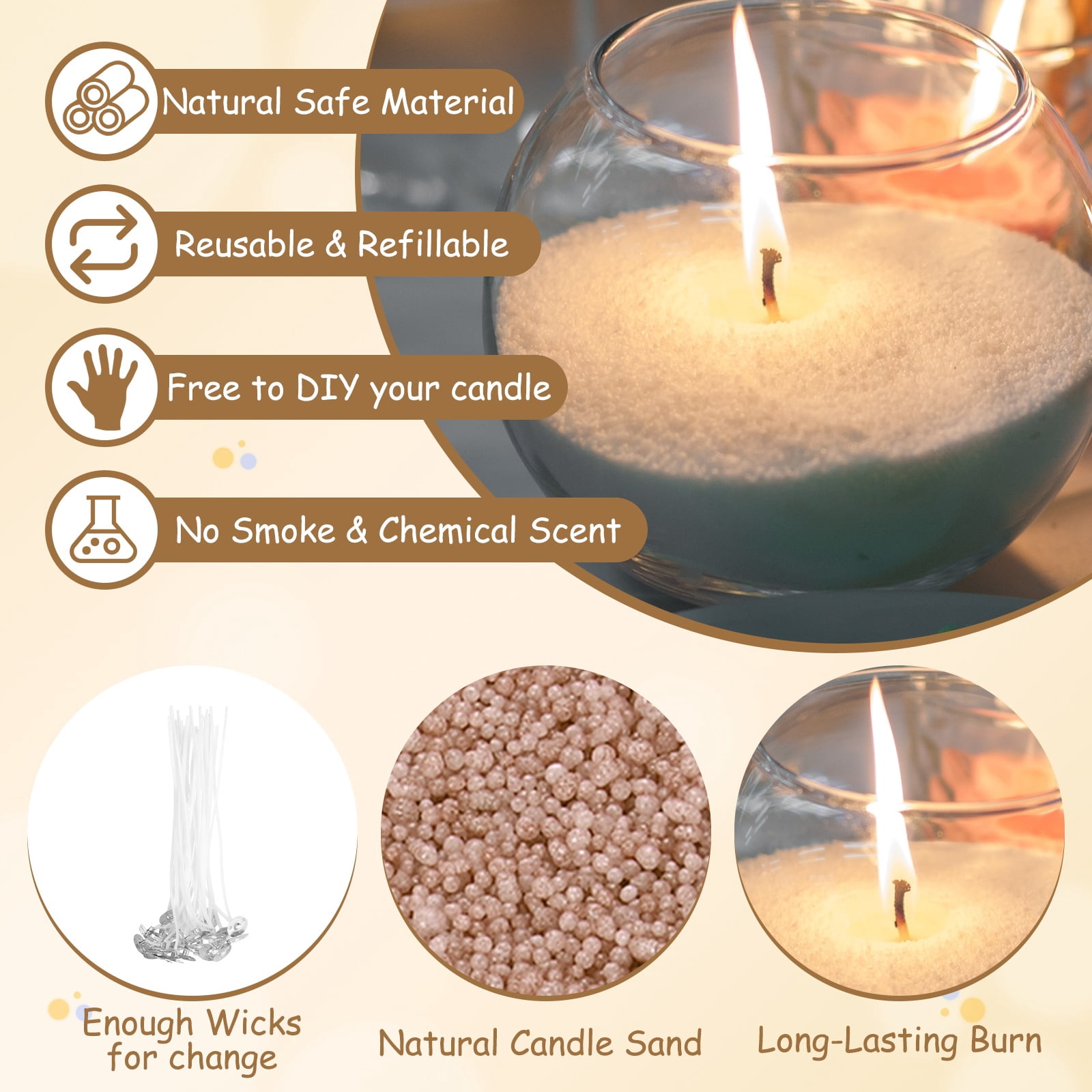 Pearled Sand Candles with 50 Pcs Wicks 21Oz / 600g Candle Beads Refillable Powder Sand Wax Making Kit for Thanksgiving Christmas Wedding Party DIY Home Crafts, Brown