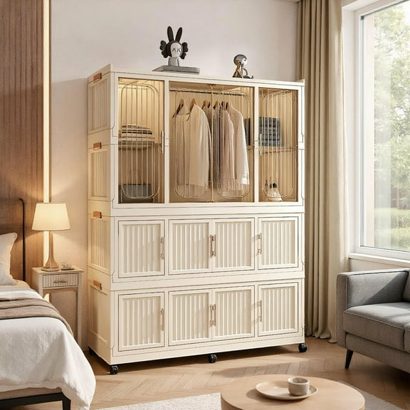 Barara King Bedroom Armoire Storage Cabinet,Wardrobe,Portable Wardrobe Closet Storage Organizer with 12 Magnetic Doors & 1 Hanging Rod, White