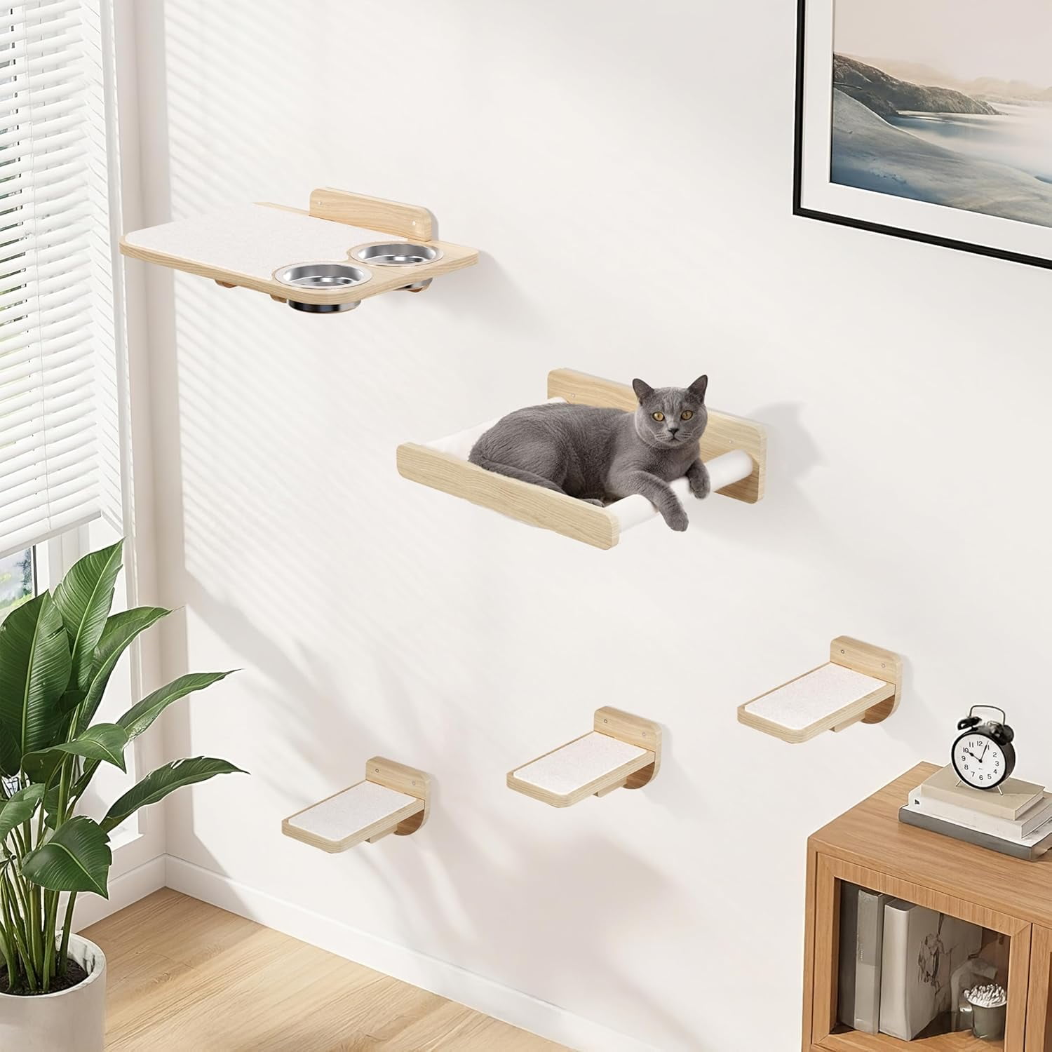 Cat Wall Shelves with Hammock and Feeding Station in Natural Wood and Beige Carpet