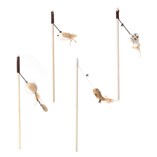 GOOHOCHY 4 juguetes para gatos con mango de madera, con forma de palo para coquetear, con colgante de plumas de peluche y cascabel para jugar en casa (estilos variados).