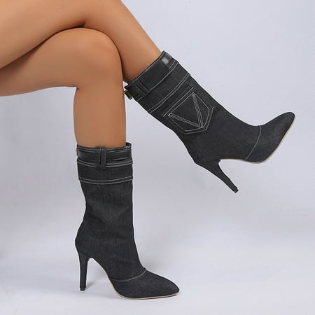 

Tejiojio Classic Boots Slim Boots Women s Pointed Head Thin Heel Soft Leather Back Short Denim Boots Valentine s Day Deals