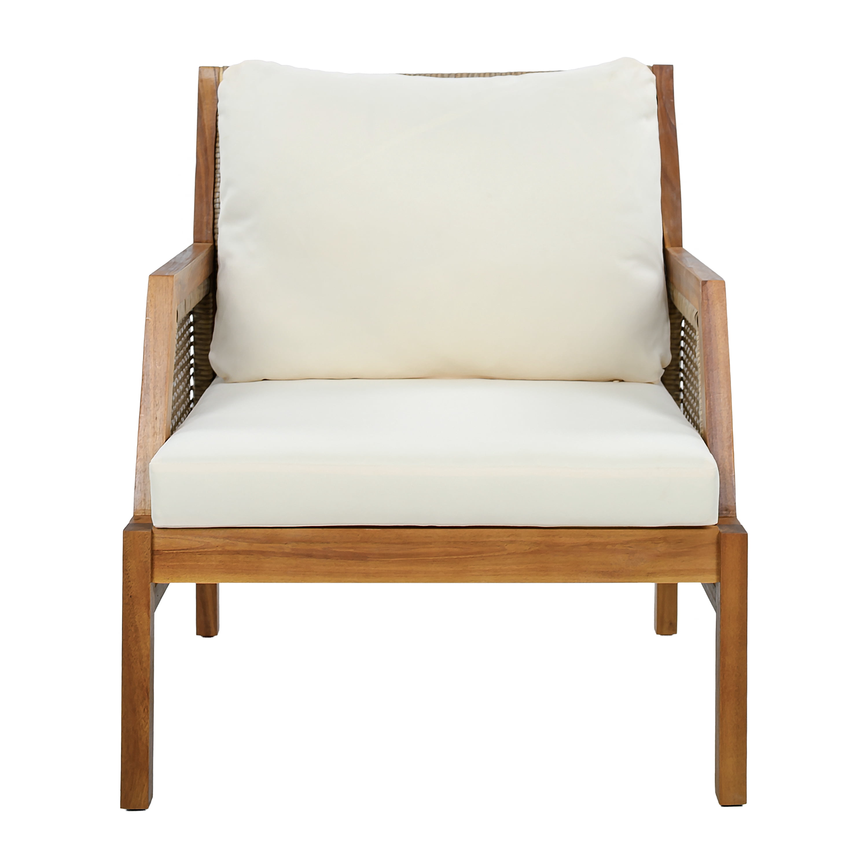 Outdoor Patio Club Chair with Acacia Wood and Hand-Woven Flat Wicker, Deep Seating Armchair and Garden Chair with Soft Cushions for Backyard Balcony, Teak and Cream