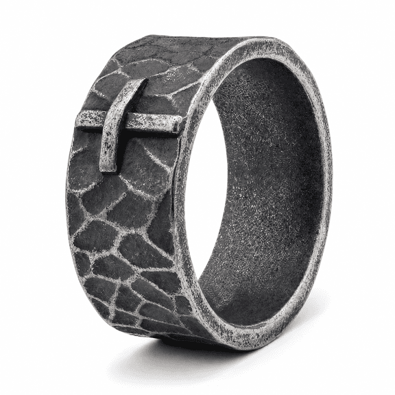 SADELU Men's Raised Cross Ring, Stainless Steel 10mm Textured Wide Band Statement Ring, Sizes 7-15, Rugged Cracked-Look Surface, Biker Punk Rock Style, Gift for Him