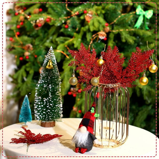 Adornos navideños, regalos navideños, 20 ramas artificiales con purpurina, ramitas florales para adornos de árbol de Navidad, guirnalda navideña de bricolaje, ramas de pino.