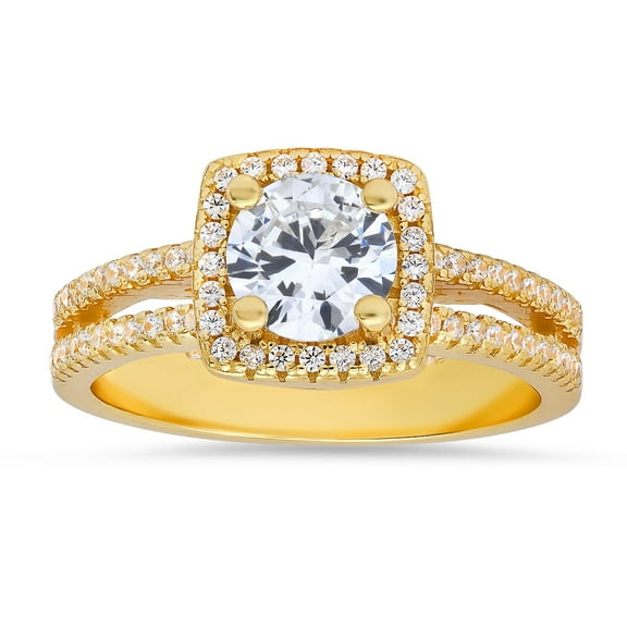 14k Gold Over Silver Round-cut Halo Cubic Zirconia CZ Ring