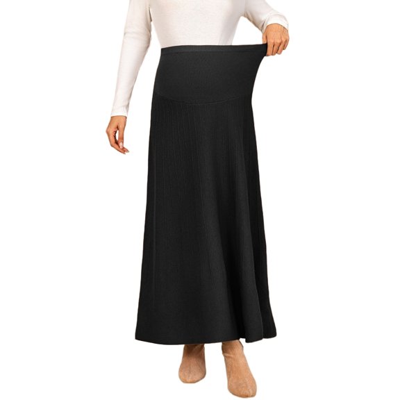 INSPIRE CHIC Maternity Skirt Over Belly Midi High Waist Solid Work Skirt Stretchy Vertical Ribbed Office Wear S Black