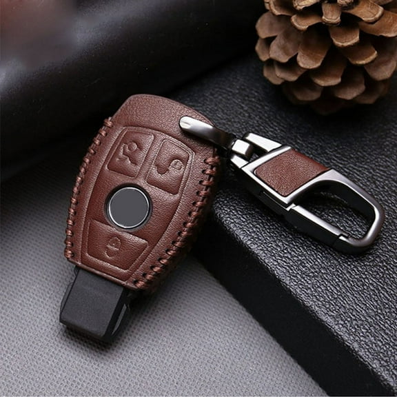Leather Car Key Case Fob Cover Chain For Mercedes For Benz Remote 3 Buttons Coffee