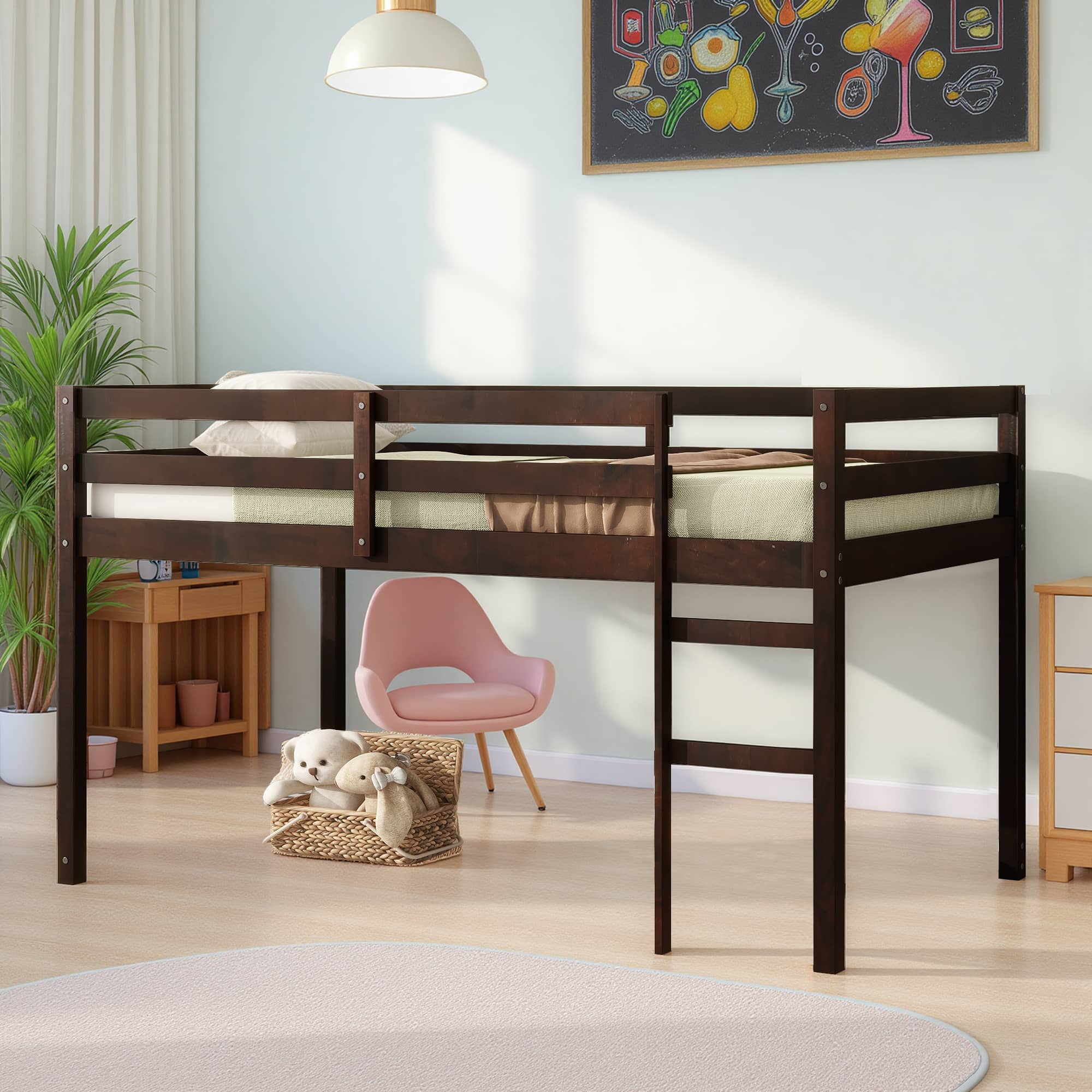 MAYEERTY Twin Loft Bed, with Ladder, Bed Platform of Strengthened Slats , Espresso
