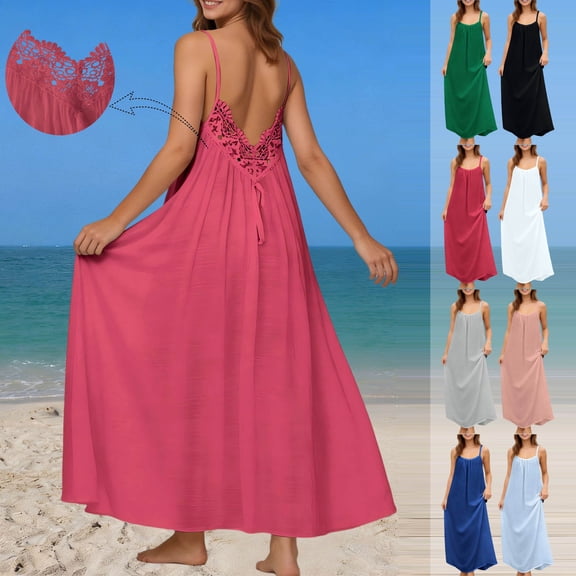 FRSASU Backless Cami Dresses for Women, Lace Low Back Housedress, Casual Flowy Sleeveless Solid Open Back Sundress White