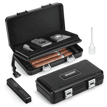 Double Layer Cigar Humidor Travel Cigar Box, Portable Cigar Humidor with Separate Storage for Cigar Accessories, Cigar Travel Case with Cigar Lighter(No Butane), Holds 5 Cigars
