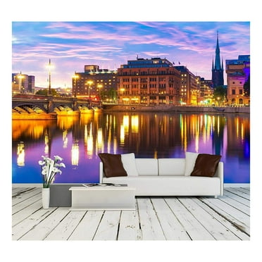 wall26 - Beautiful Summer Evening Scenery of Sunset in The Old Town - Removable Wall Mural | Self-Adhesive Large Wallpaper - 66x96 inches