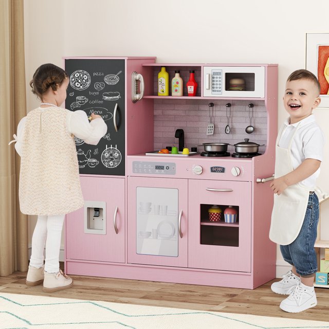 Gymax Play Kitchen Toy Set w/ Chalkboard Oven Sink Curtain Microwave Water Dispenser Pink