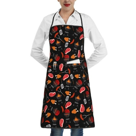 

Pofeuu BBQ Print Aprons with Pockets Cute Aprons for Kitchen Cooking Server Barber Chef Apron