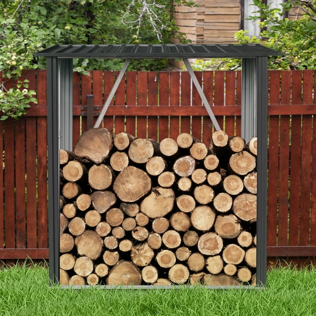 Newest 3ft x 5ft Outdoor Meta Firewood Rack ,Open Wood Shed For Firewood, Pellet, or Lumber Storage , Black