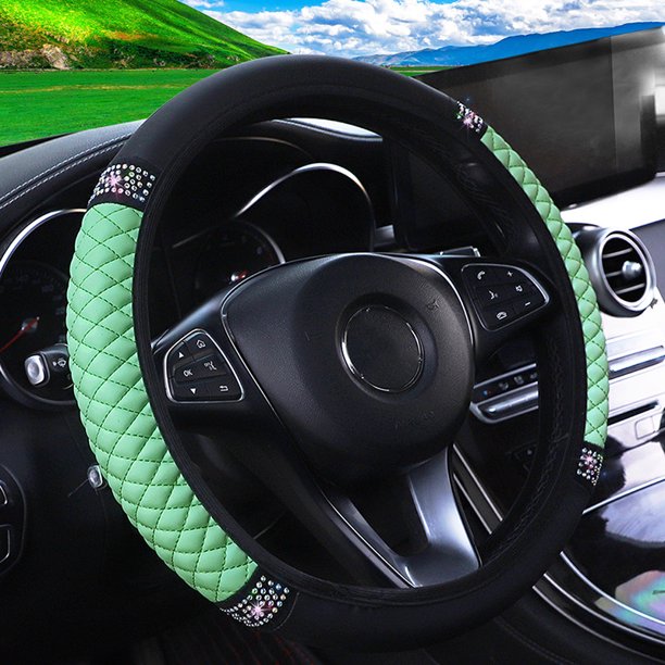 Funda para volante de coche con diamantes de colores tridimensionales bordados en cuero sin anillo interior adecuada para mujeres de 14,5 a 15 pulgadas