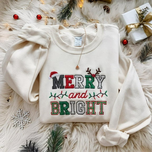 Embroidered Merry and Bright sweatshirts, holiday sweater, christmas tree sweater, pine-tree sweatshirt, gingerbread, piny sweatshirt, pine