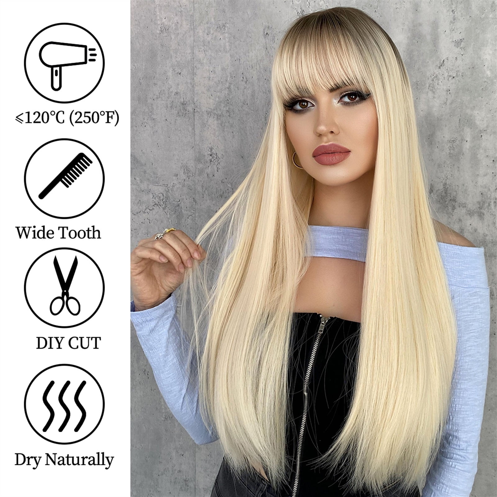 Light Blonde Long Straight Hair Women Wig with Bangs Synthetic Wig Daily Use Heat Resistant Fiber Natural Female Fake Hair