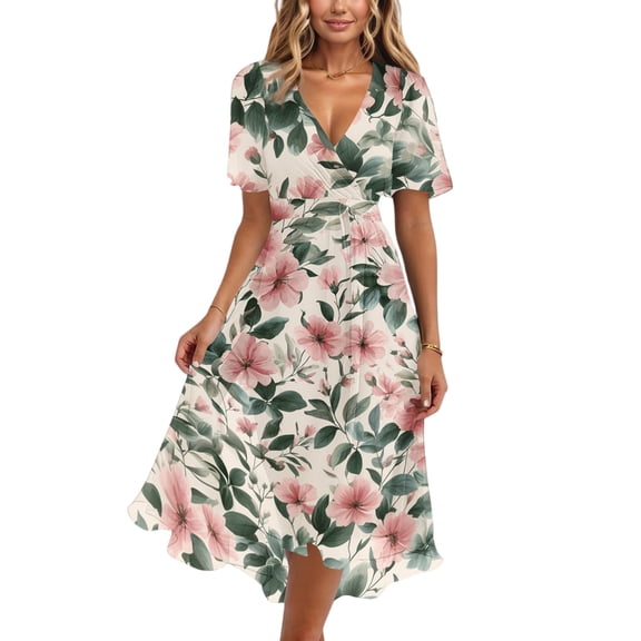 JULMCOMO Dresses for Women 2026 Floral Print V Neck Short Sleeve Tie Waist Flowy Casual Summer Midi Dresses Light pink S