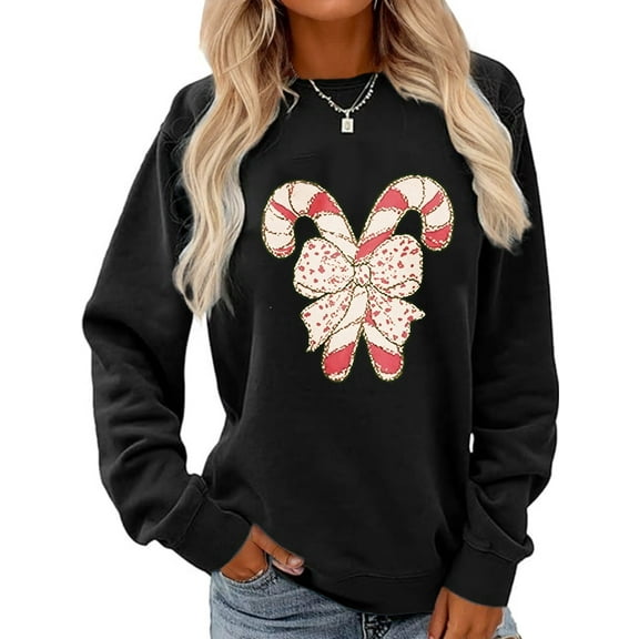 Christmas Sweatshirt Candy Canes and Bow Print Long Sleeve Shirt for Women