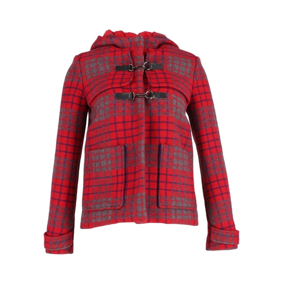 Pre-Owned Maje Hooded Checkered Coat in Red Wool