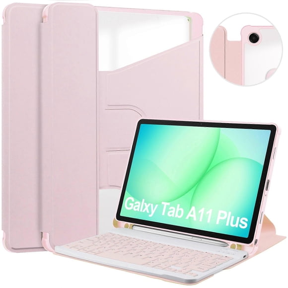 For Galaxy Tab A11+ Case 360° Rotary Stand PU Leather+Acrylic Tablet Cover (With Keyboa