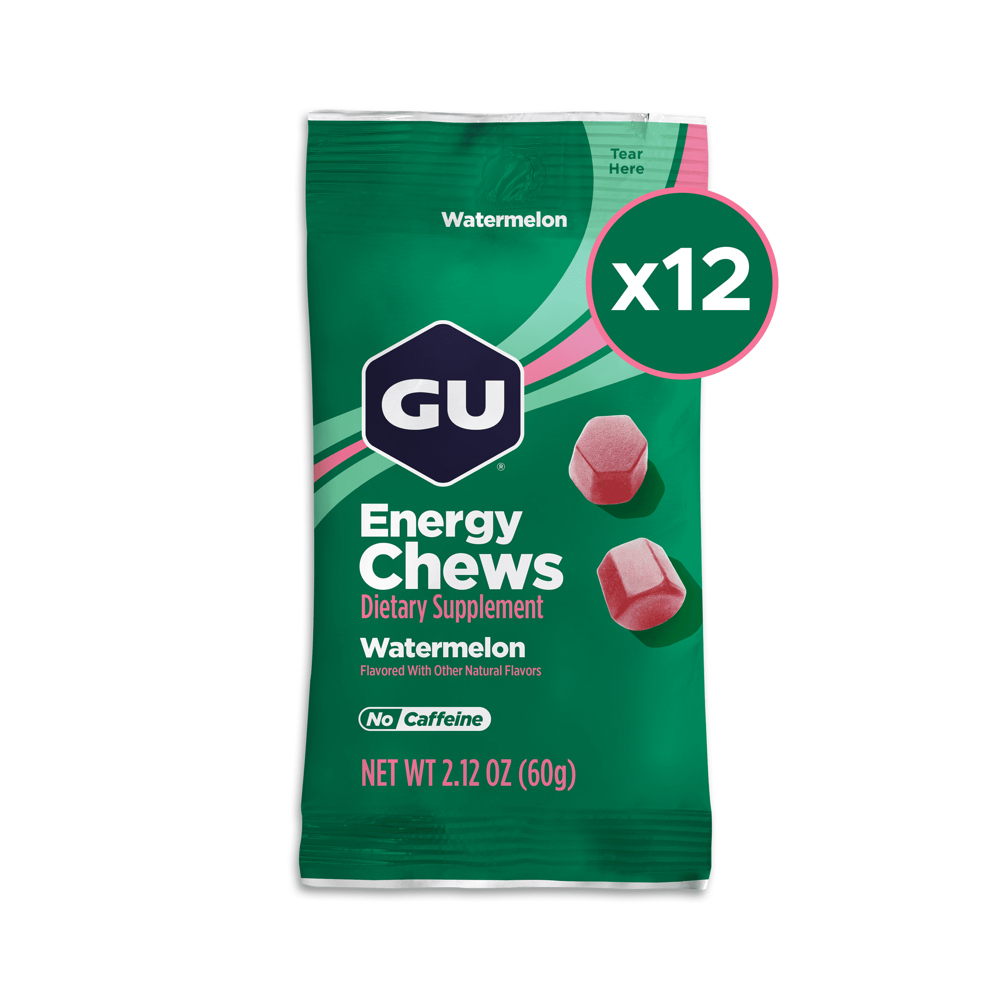 GU Energy Chews, Watermelon, - 12 Bags (24 Servings Total)