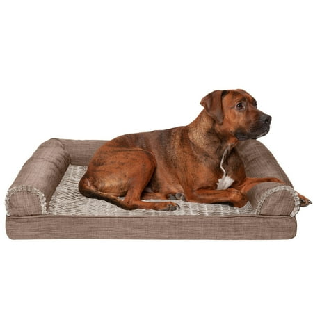 UPC: 0842229126396 | FurHaven Pet Products | Memory Foam Luxe Fur & Performance Linen Sofa Pet Bed for Dogs & Cats – Woodsmoke Large