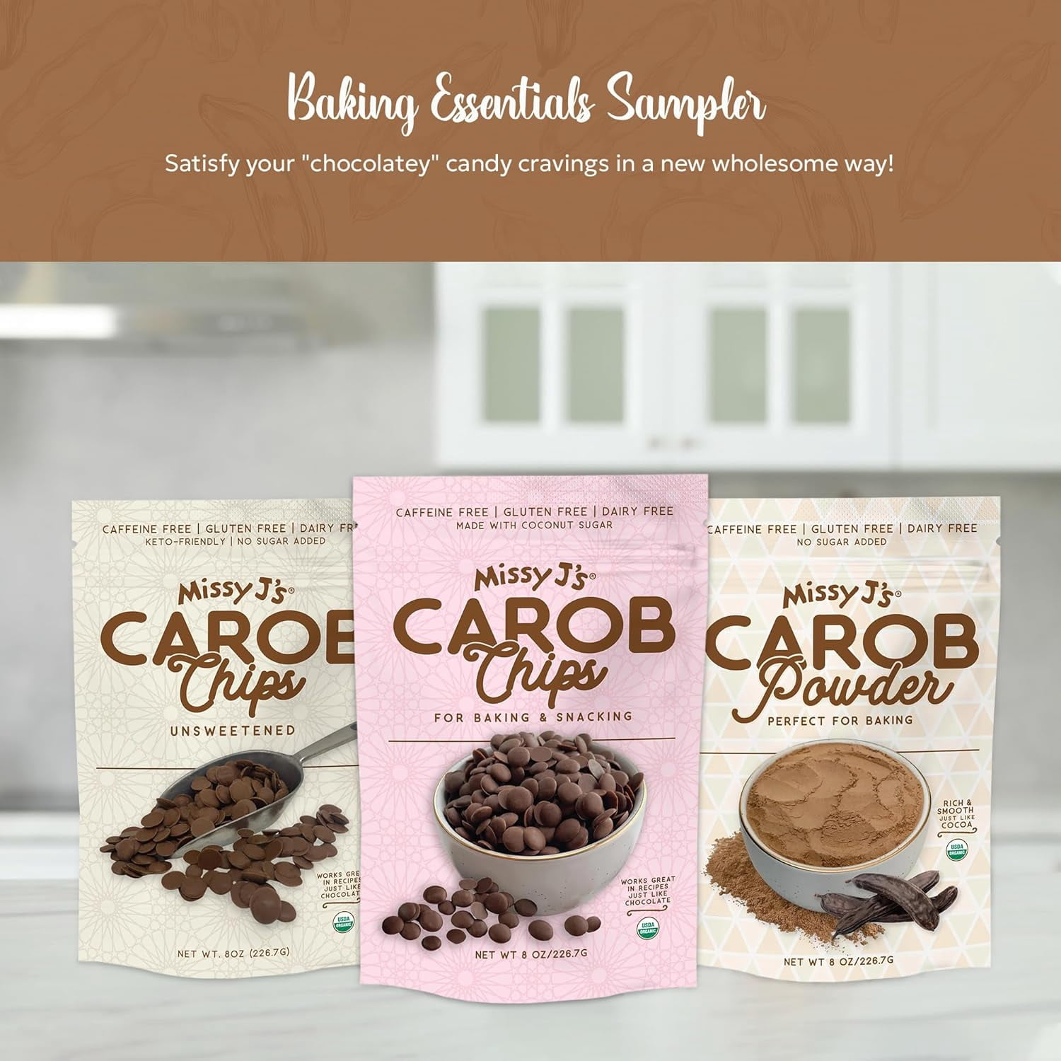 Missy J's Carob Chips Sampler Pack 3 Flavors Vegan Healthy Desserts, Gluten Free Snacks and Treats