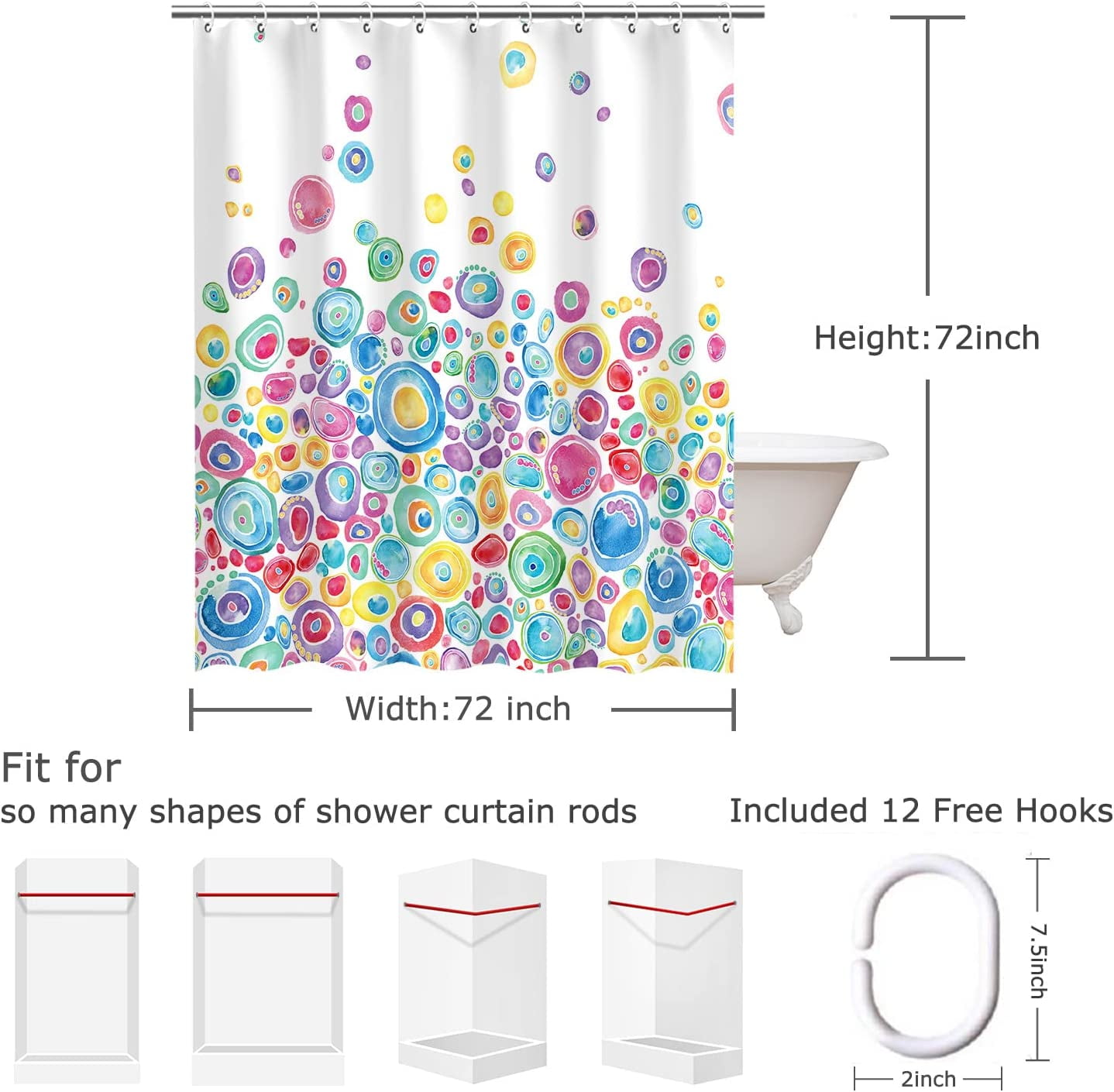 Colorful Shower Curtain, Kids Shower Curtain Rainbow Shower Curtain Hooks, Waterproof Funny Shower Curtains for Bathroom, Cute Red Polka Dot Circle Kids Bathroom Decor, 72Wx72H Inch