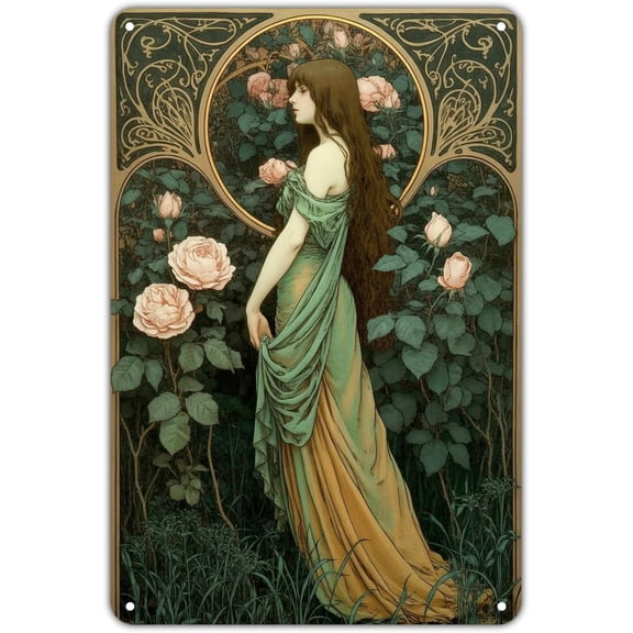 Art Nouveau Woman With Roses Vintage Floral Metal Tin Sign Wall Decor for Home Garden Bar Porch Bedroom Kitchen 8 x 12 Inches