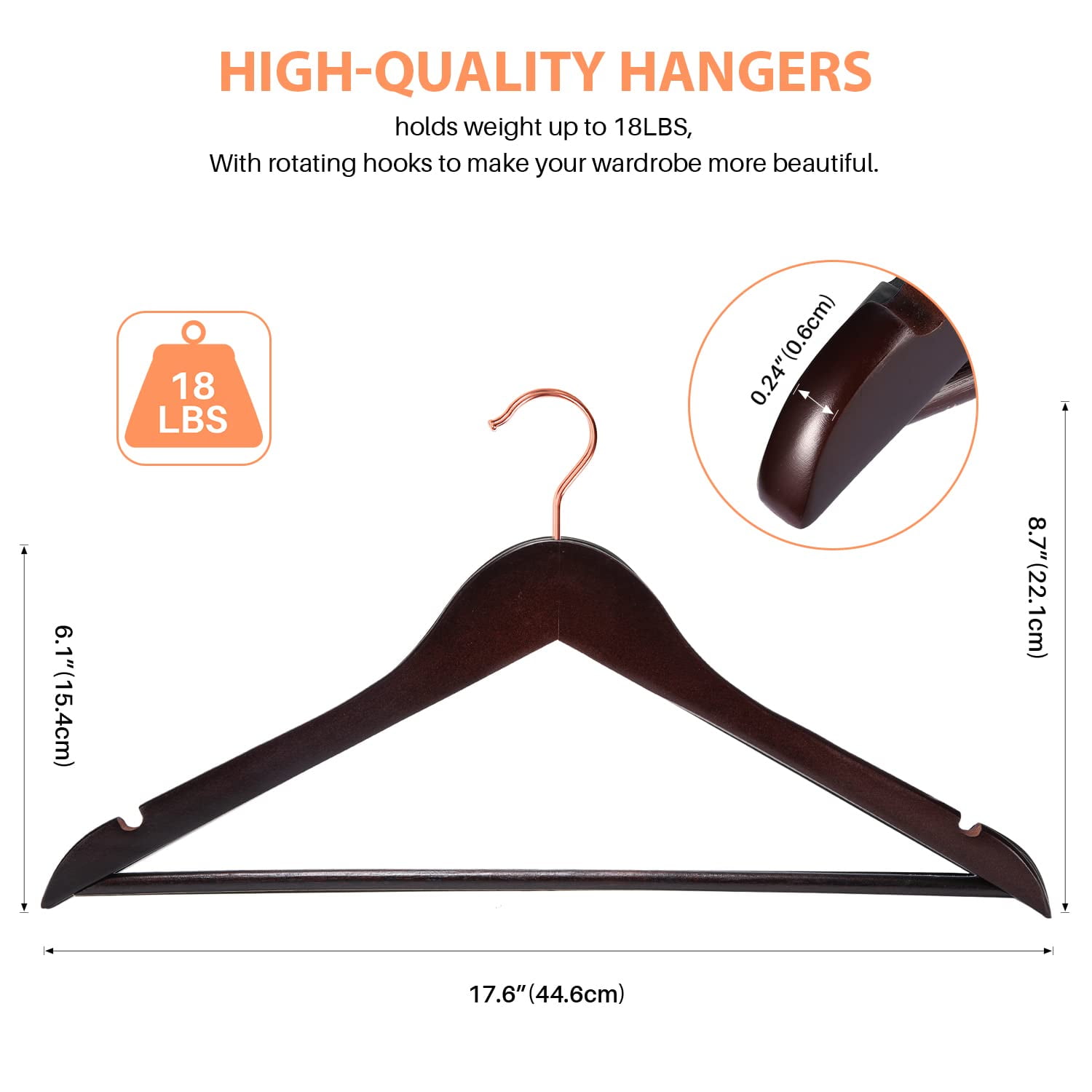 ACSTEP Wooden Clothes Hangers 20 Pack, Sturdy Coat Hangers for Closet, Heavy Duty Non Slip Hangers, Brown