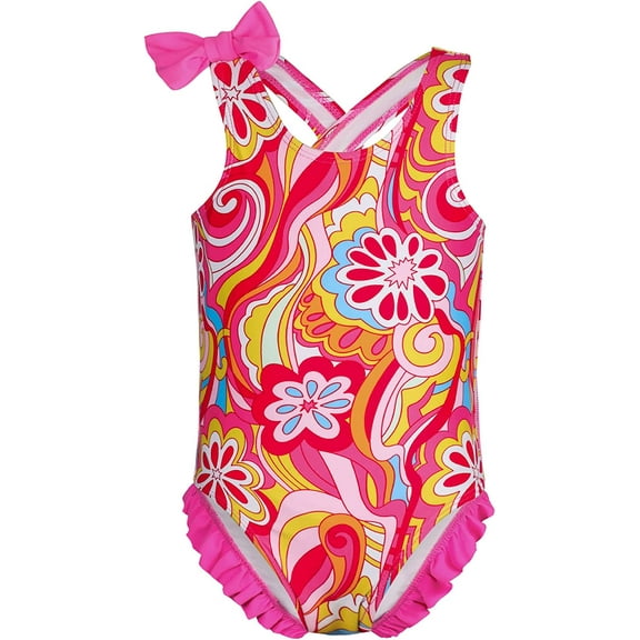 Toddler Little Girl Swimsuit Cross Back Cute Ruffle Bownot One Piece Swimsuit Bathing Suit Swimwear3-4T
