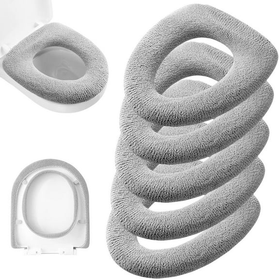 5 Pack Thicker Bathroom Toilet Seat Cover Pads- Soft Warmer Toilet Seat Cushion Cover Stretchable Washable Fiber Cloth, Easy Installation Comfortable Toilet Lid Seat Cover(Knit Elongated Blue)