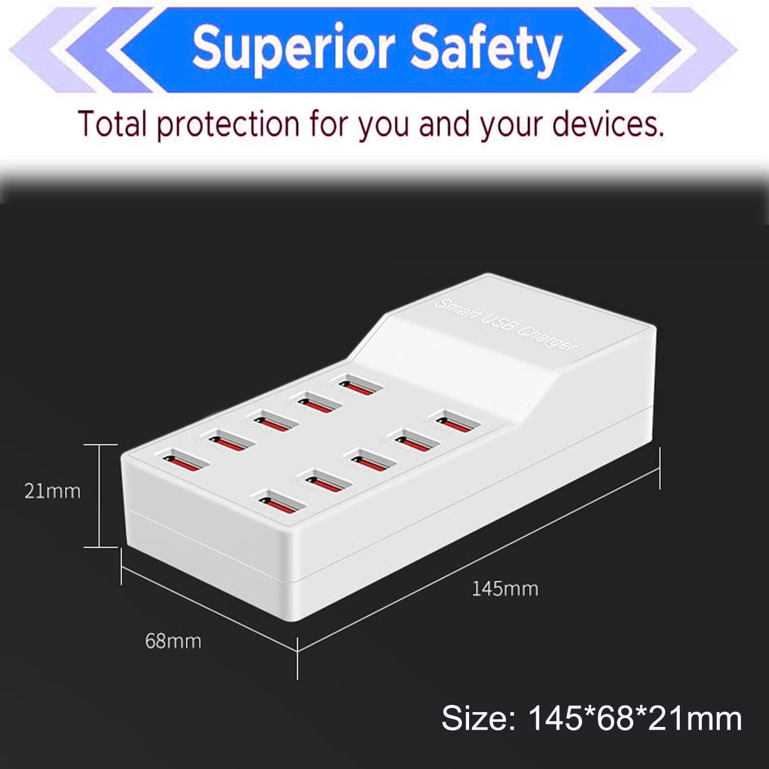 10 Ports USB Charger 72W/50W QC 3.0 PD Type C Hub Fast Charging Station for iPhone Samsung Tablet Multi Devices Extension Socket