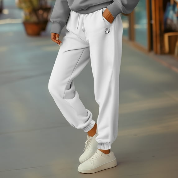 Dalix Heartly Ghost Embroidery Heavy Weight Fleece Sweatpants Soft Lounge Pant Drawstring Waistband Pockets Womens in White S Small
