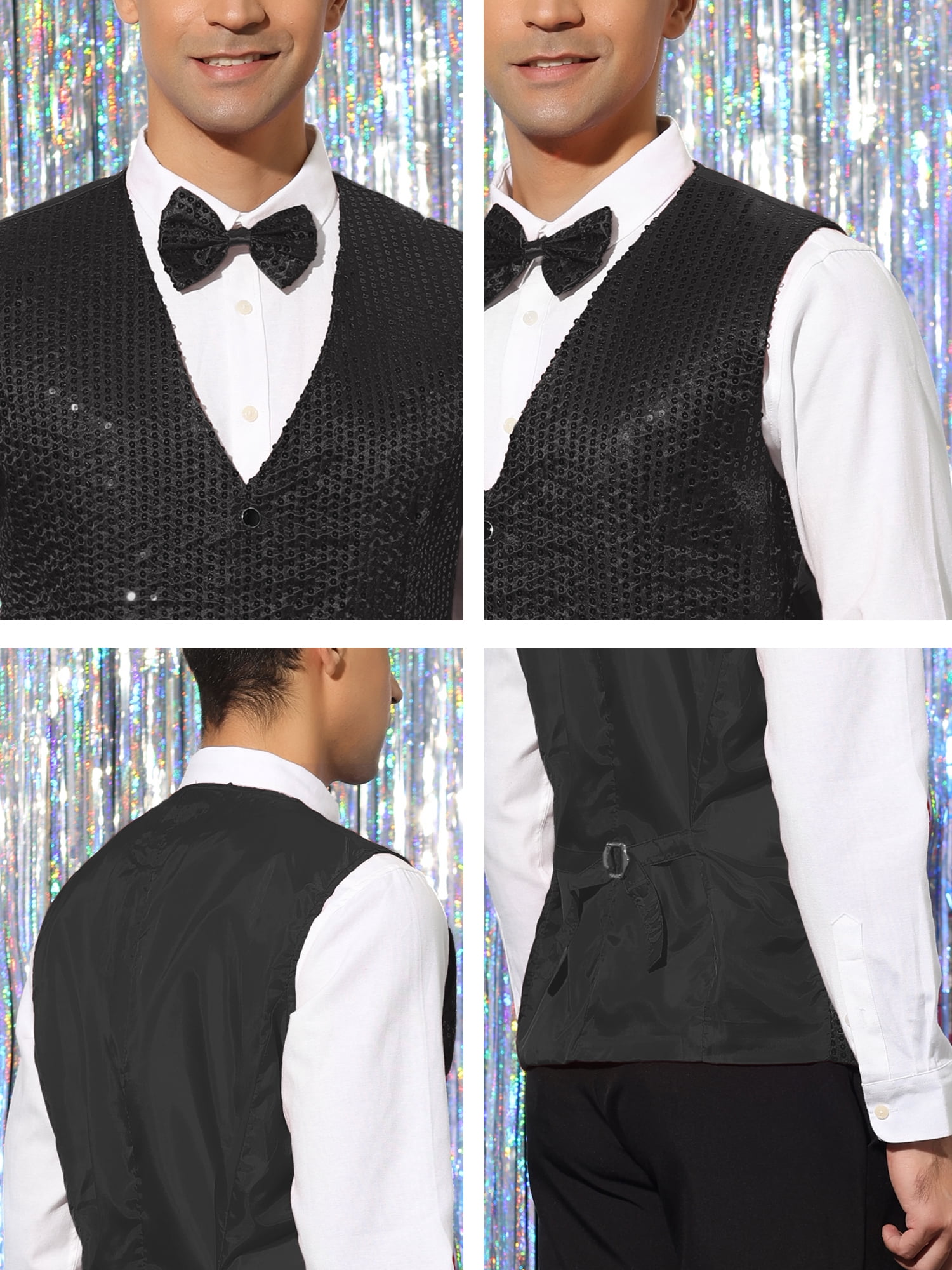 Unique Bargains Men's Sequin Waistcoat Sleeveless Dress Suit Vest with Bow Tie L Black
